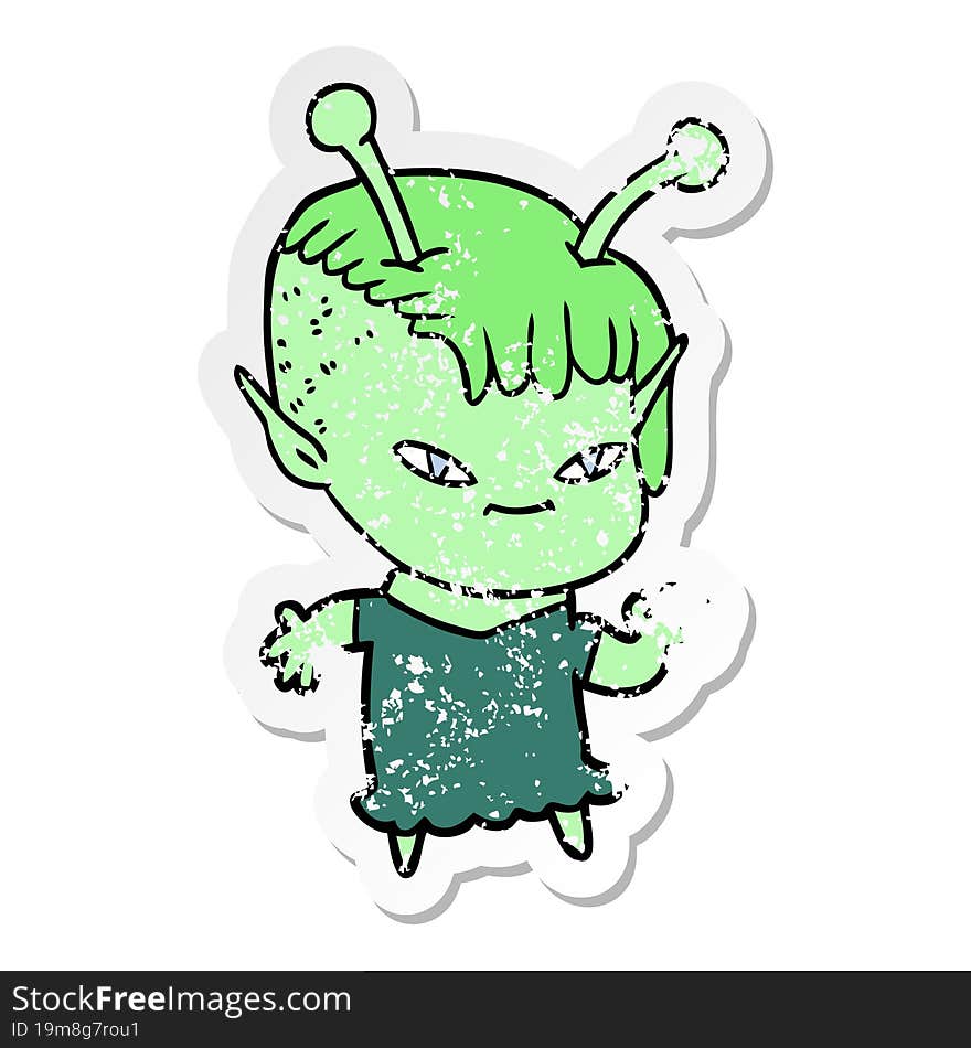 distressed sticker of a cute cartoon alien girl