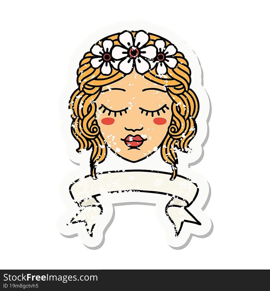 grunge sticker with banner of female face with eyes closed