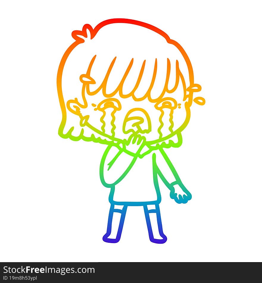 rainbow gradient line drawing of a cartoon girl crying