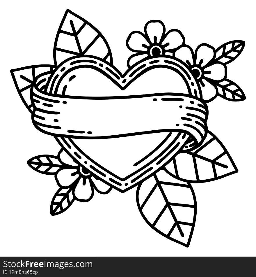 tattoo in black line style of a heart and banner. tattoo in black line style of a heart and banner