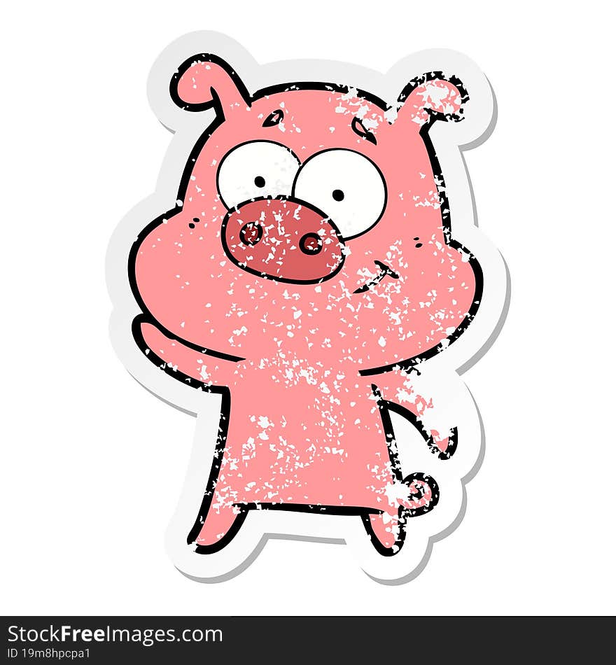 distressed sticker of a happy cartoon pig