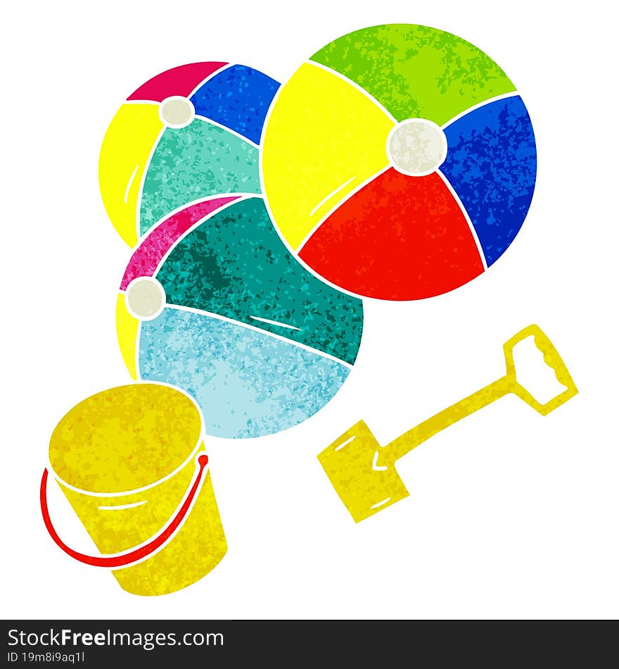 retro cartoon doodle beach balls with a bucket and spade