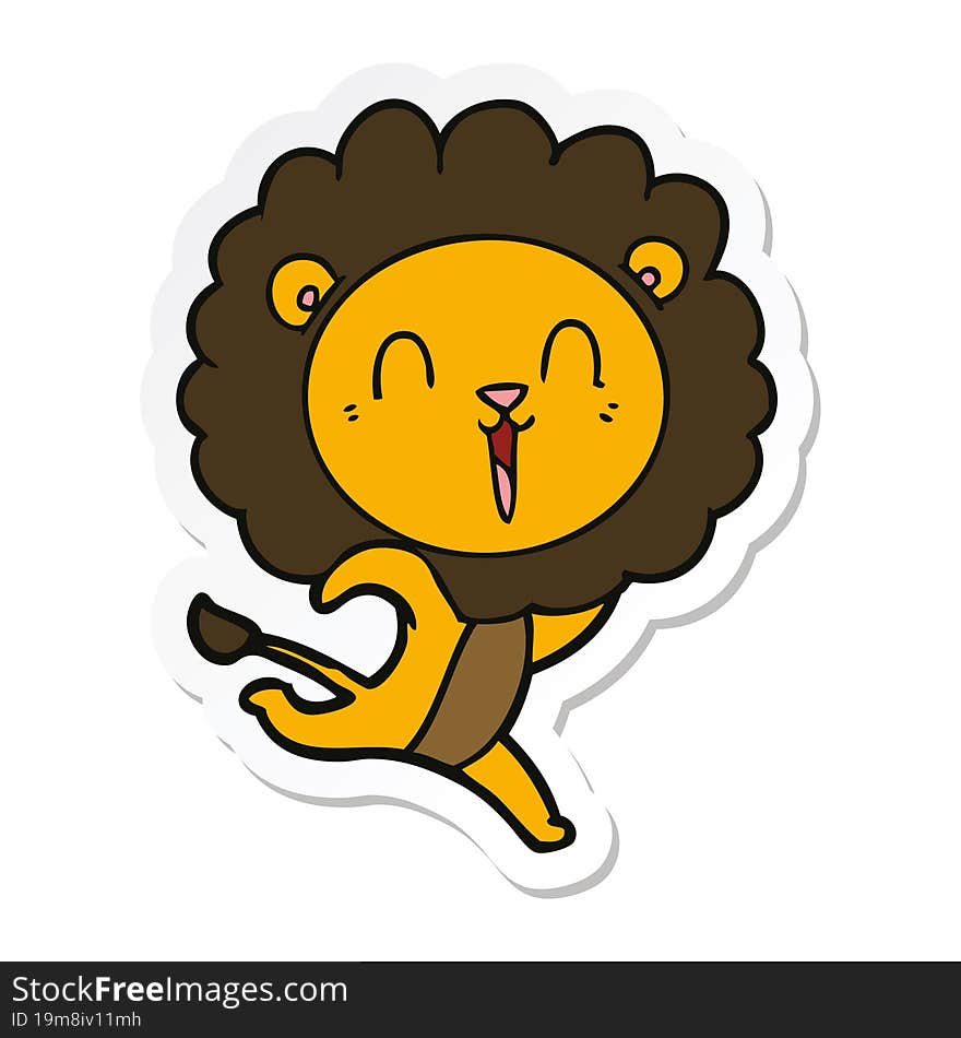 Sticker Of A Laughing Lion Cartoon Running