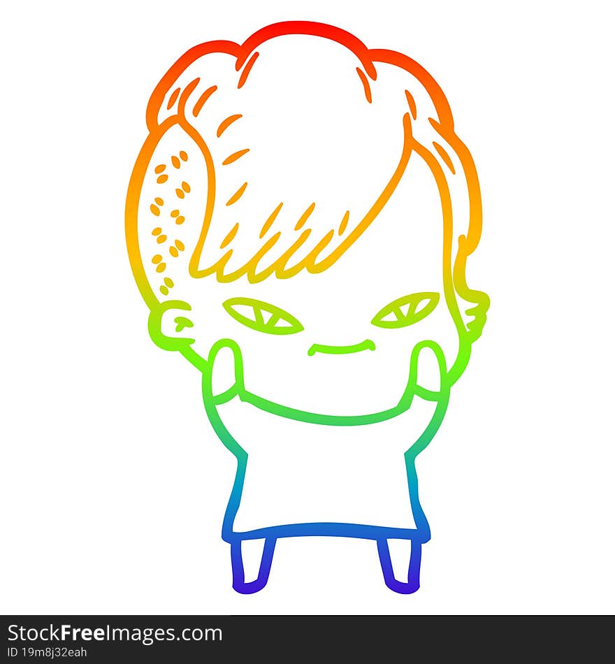 Rainbow Gradient Line Drawing Cute Cartoon Girl With Hipster Haircut