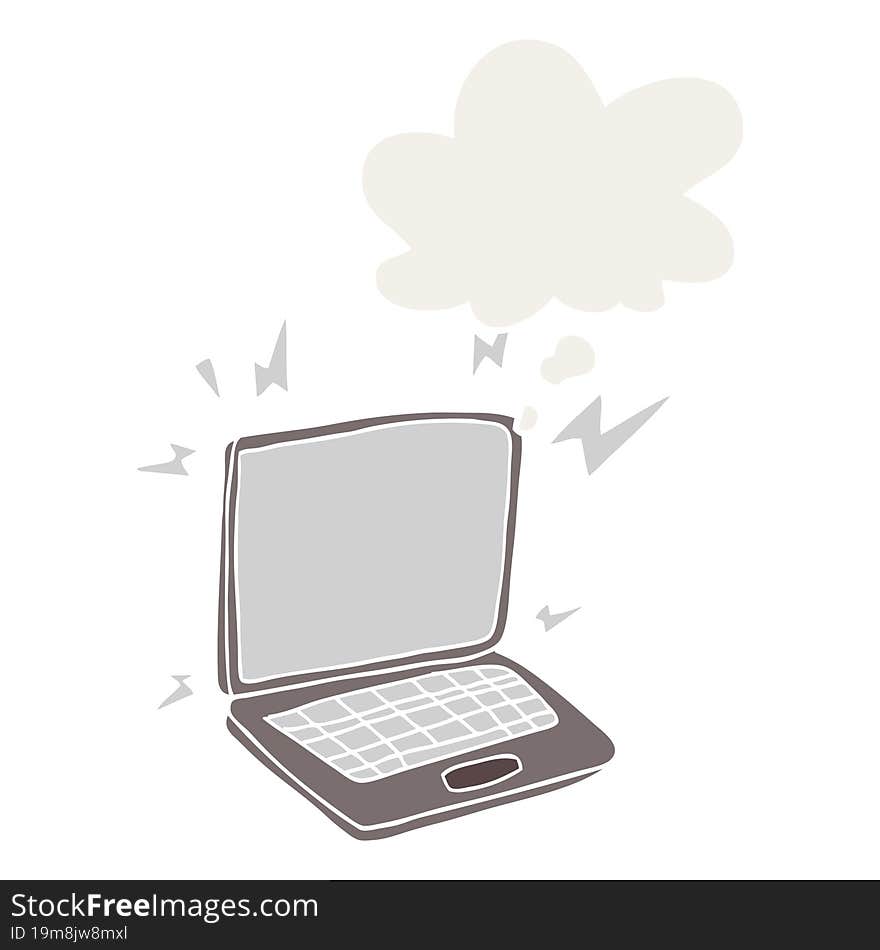 cartoon laptop computer and thought bubble in retro style