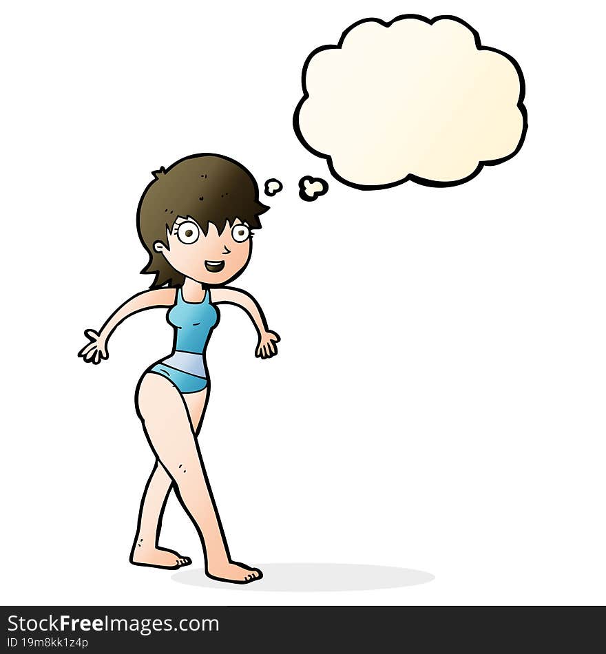 cartoon happy woman in swimming costume with thought bubble