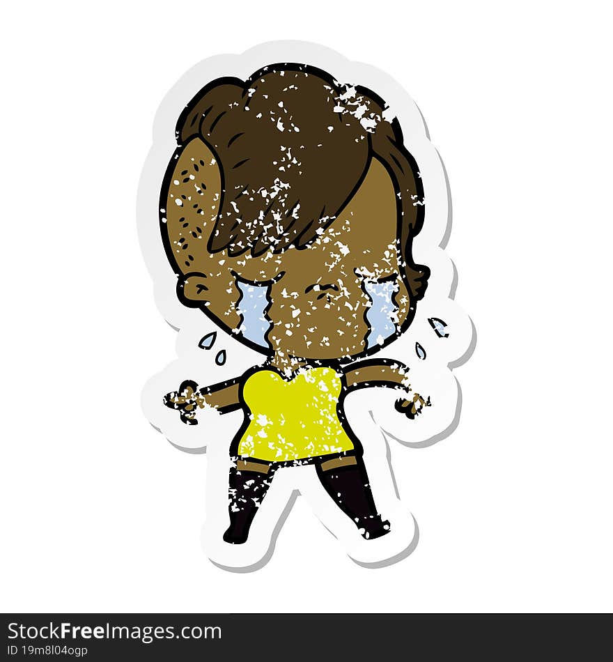 distressed sticker of a cartoon crying girl