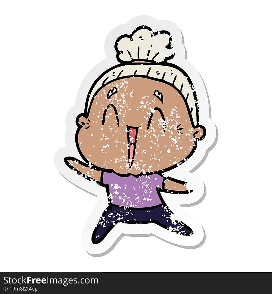 distressed sticker of a cartoon happy old lady