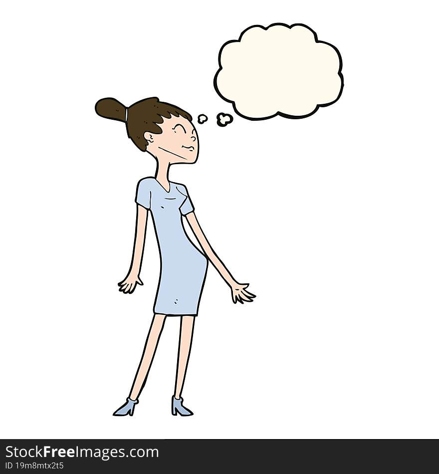 cartoon woman in dress with thought bubble