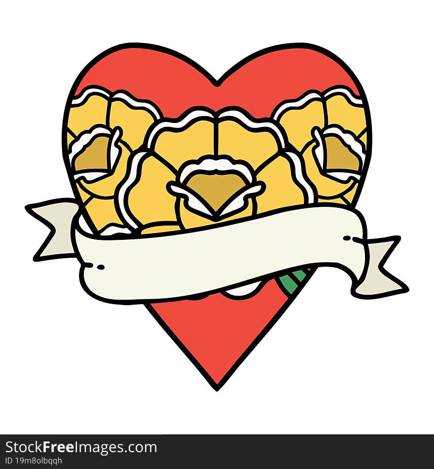 tattoo in traditional style of a heart and banner with flowers. tattoo in traditional style of a heart and banner with flowers