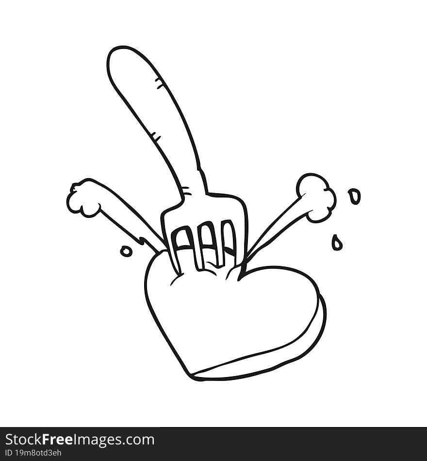 black and white cartoon heart stabbed by fork