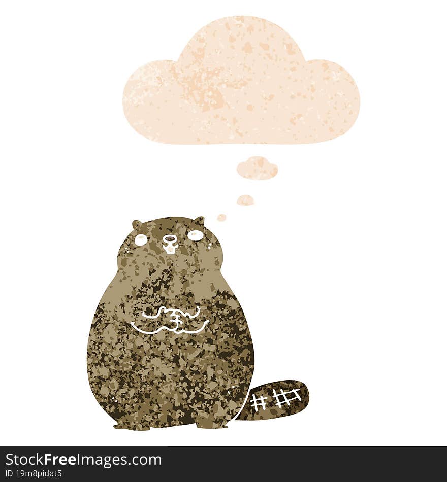 cartoon beaver and thought bubble in retro textured style