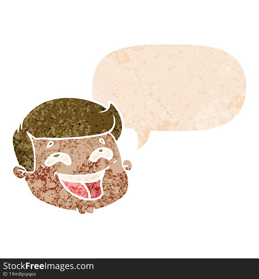 happy cartoon male face and speech bubble in retro textured style