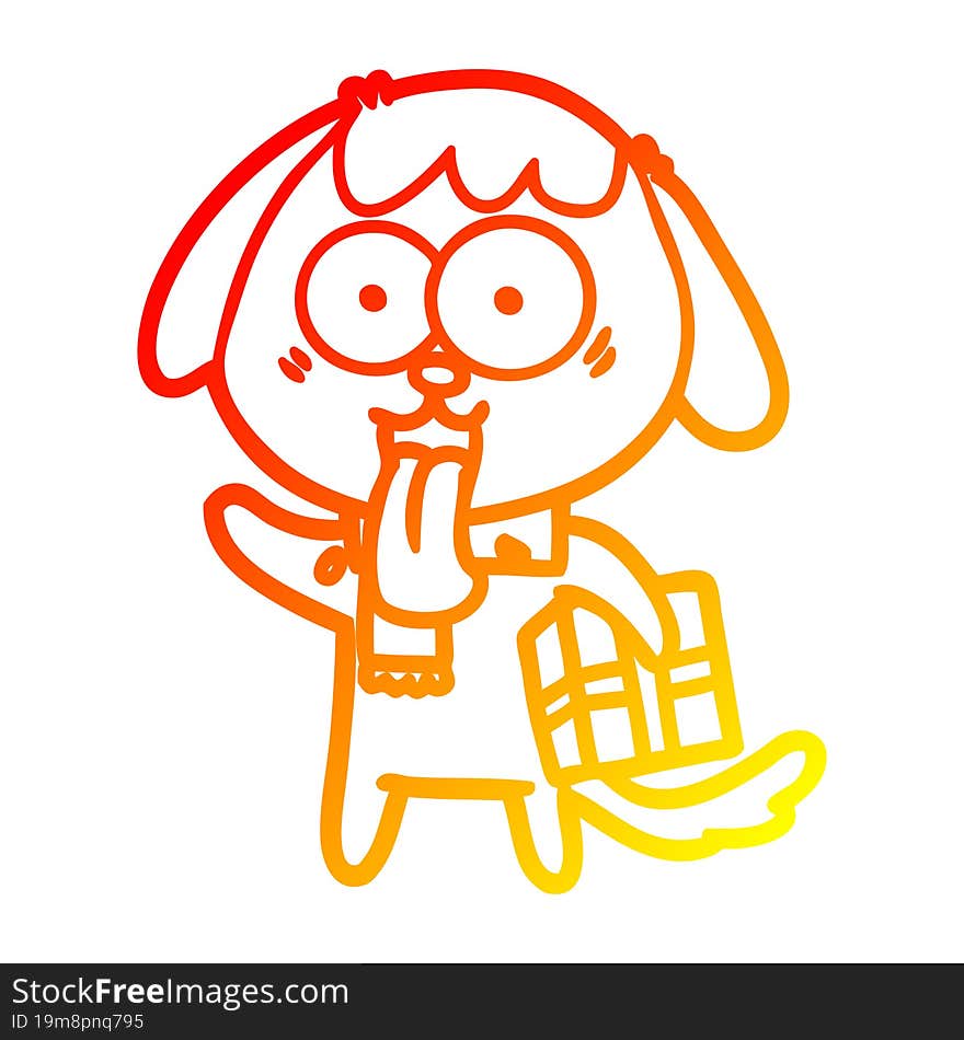 warm gradient line drawing of a cute cartoon dog with christmas present