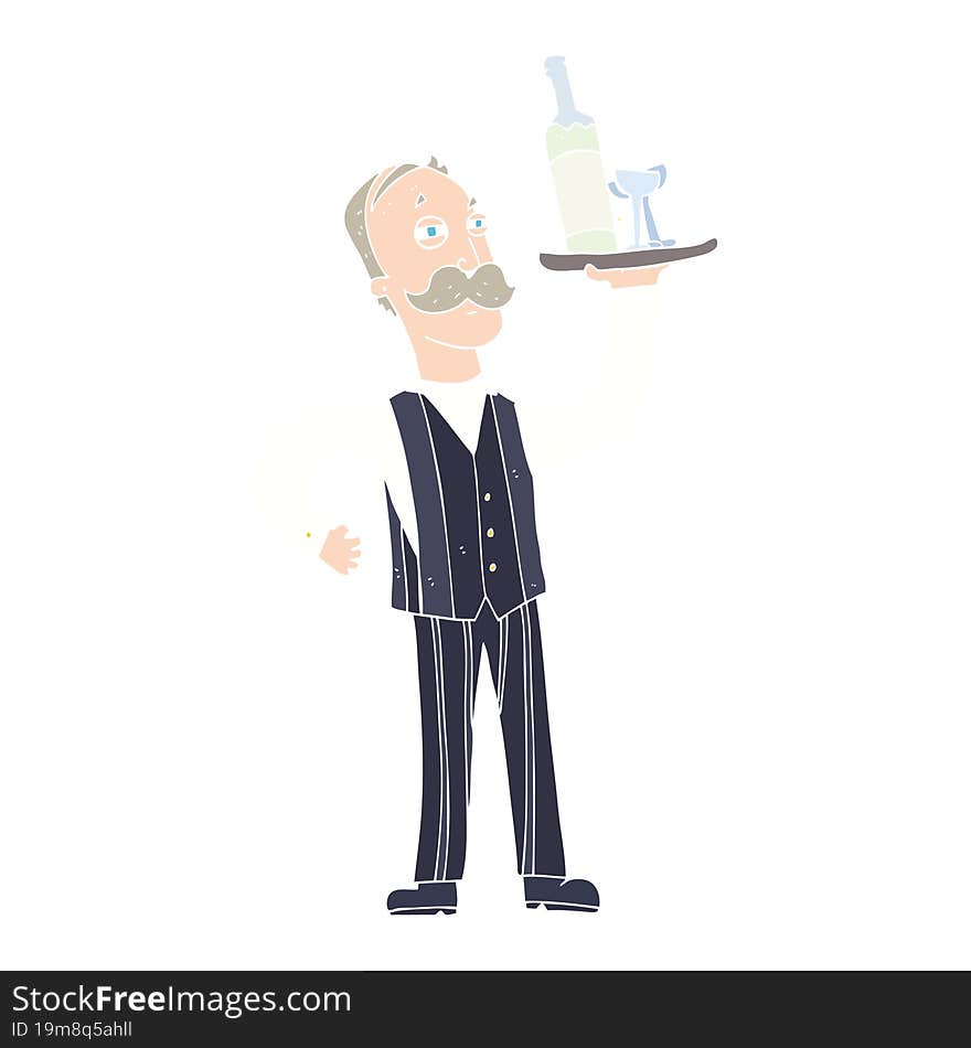 Flat Color Illustration Of A Cartoon Waiter