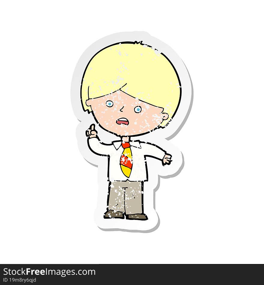 retro distressed sticker of a cartoon worried school boy raising hand