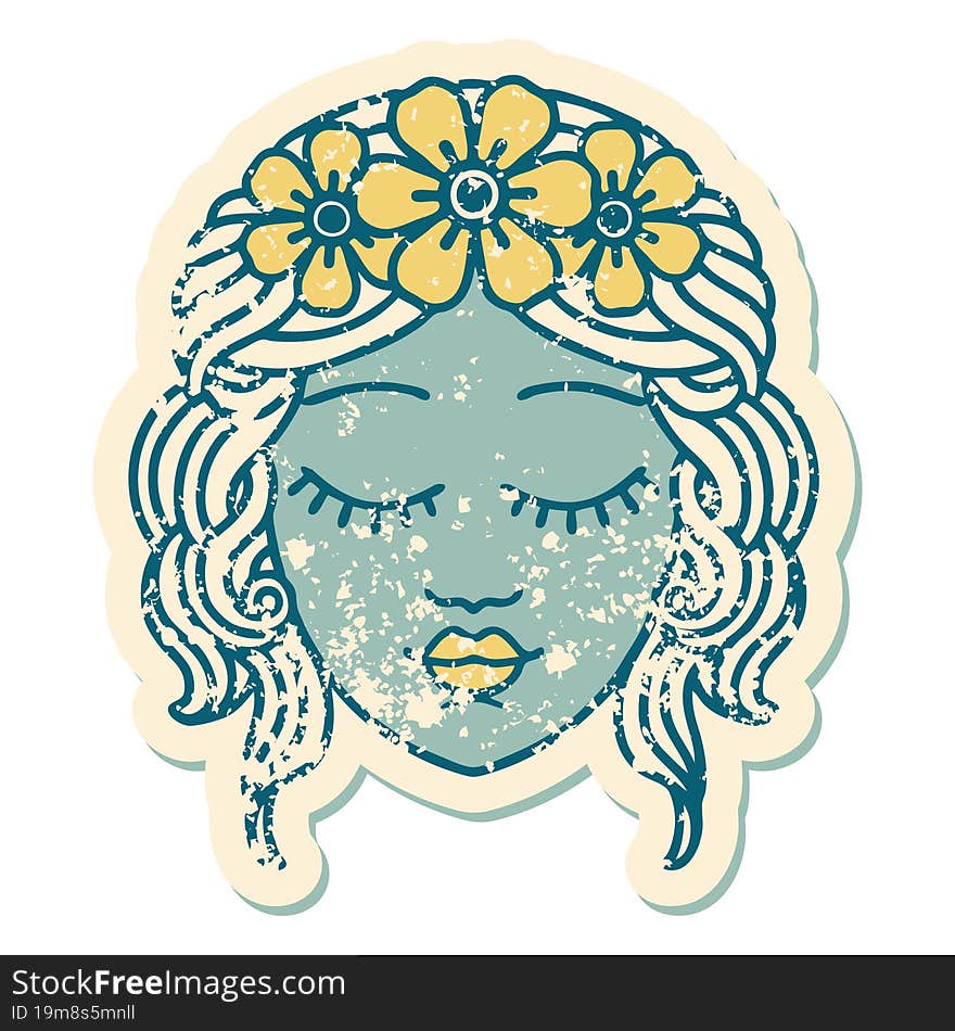 distressed sticker tattoo style icon of a maidens face