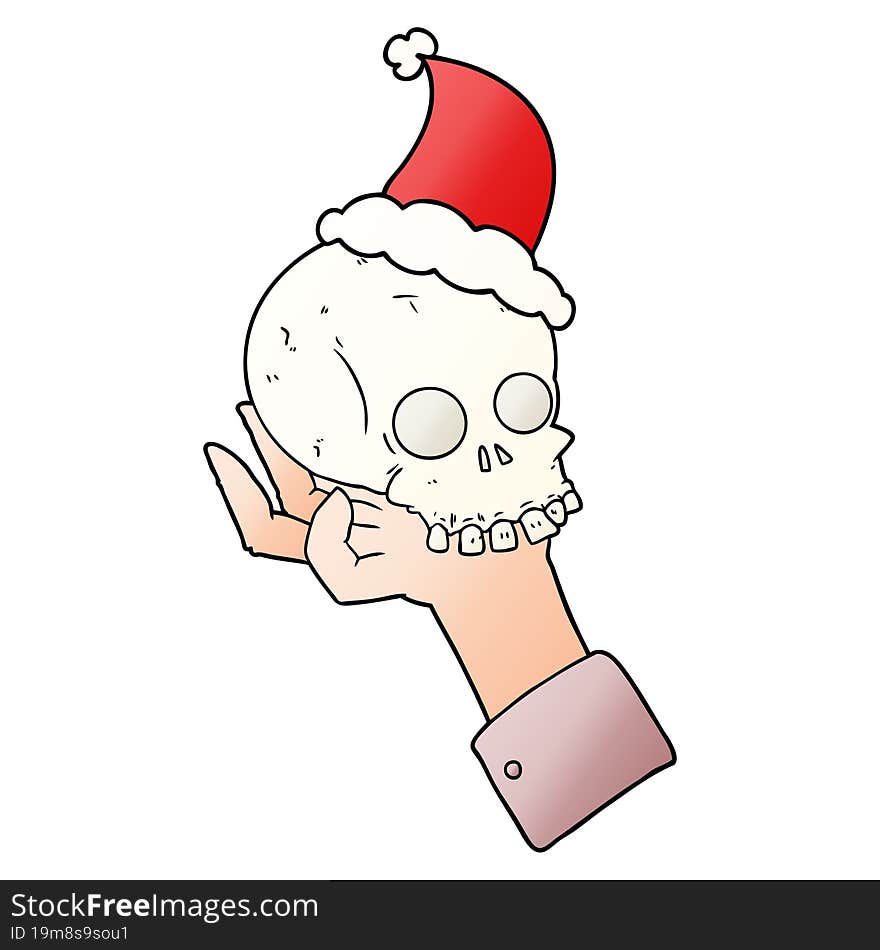 gradient cartoon of a hand holding skull wearing santa hat