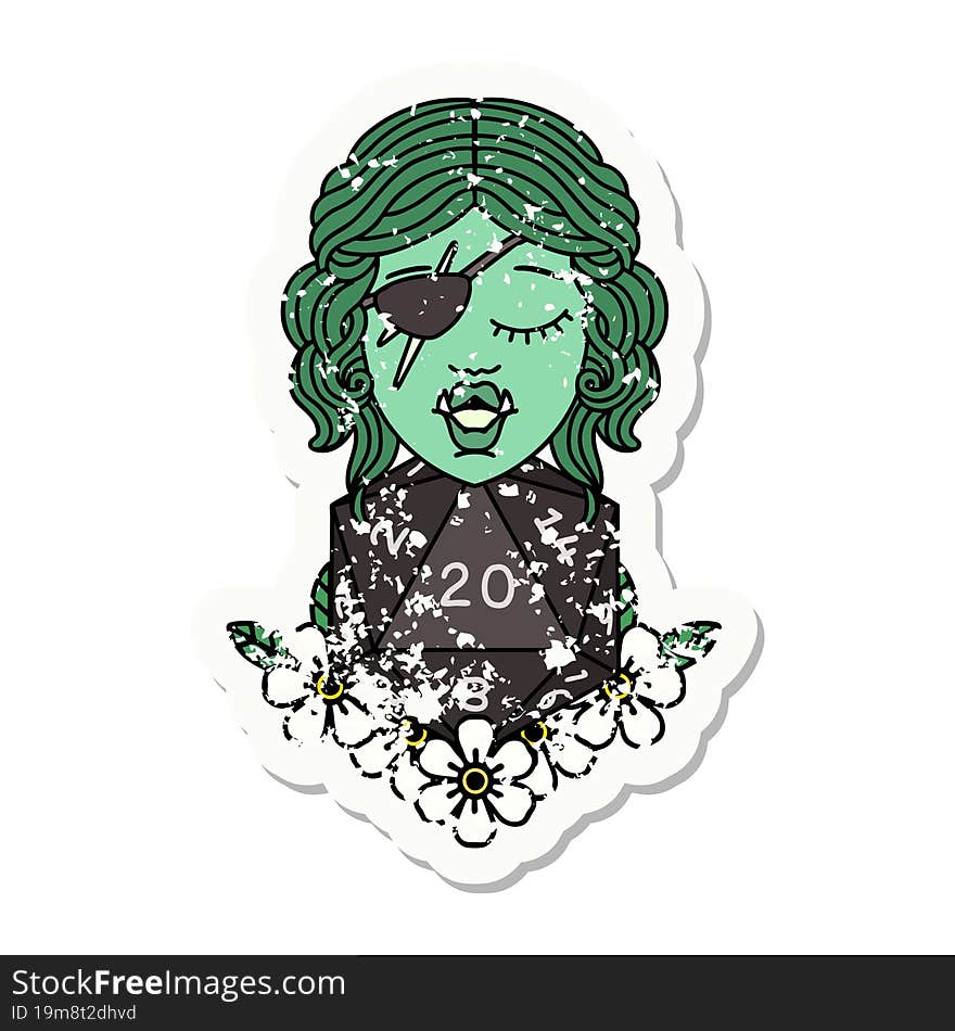 grunge sticker of a half orc rogue with natural twenty dice roll. grunge sticker of a half orc rogue with natural twenty dice roll