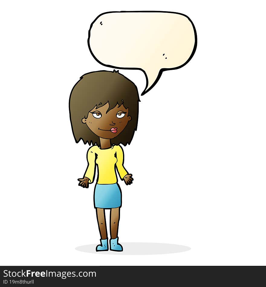 cartoon woman shrugging shoulders with speech bubble