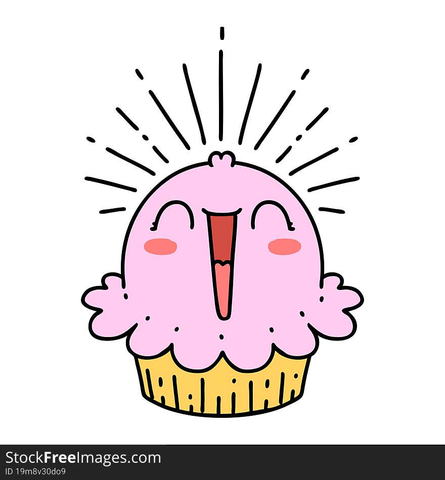 illustration of a traditional tattoo style happy singing cupcake