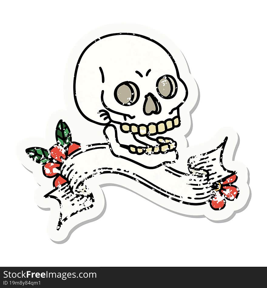 grunge sticker with banner of a skull