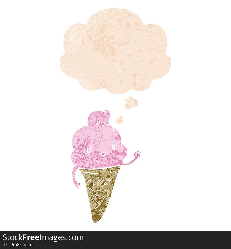 Cute Cartoon Ice Cream And Thought Bubble In Retro Textured Style