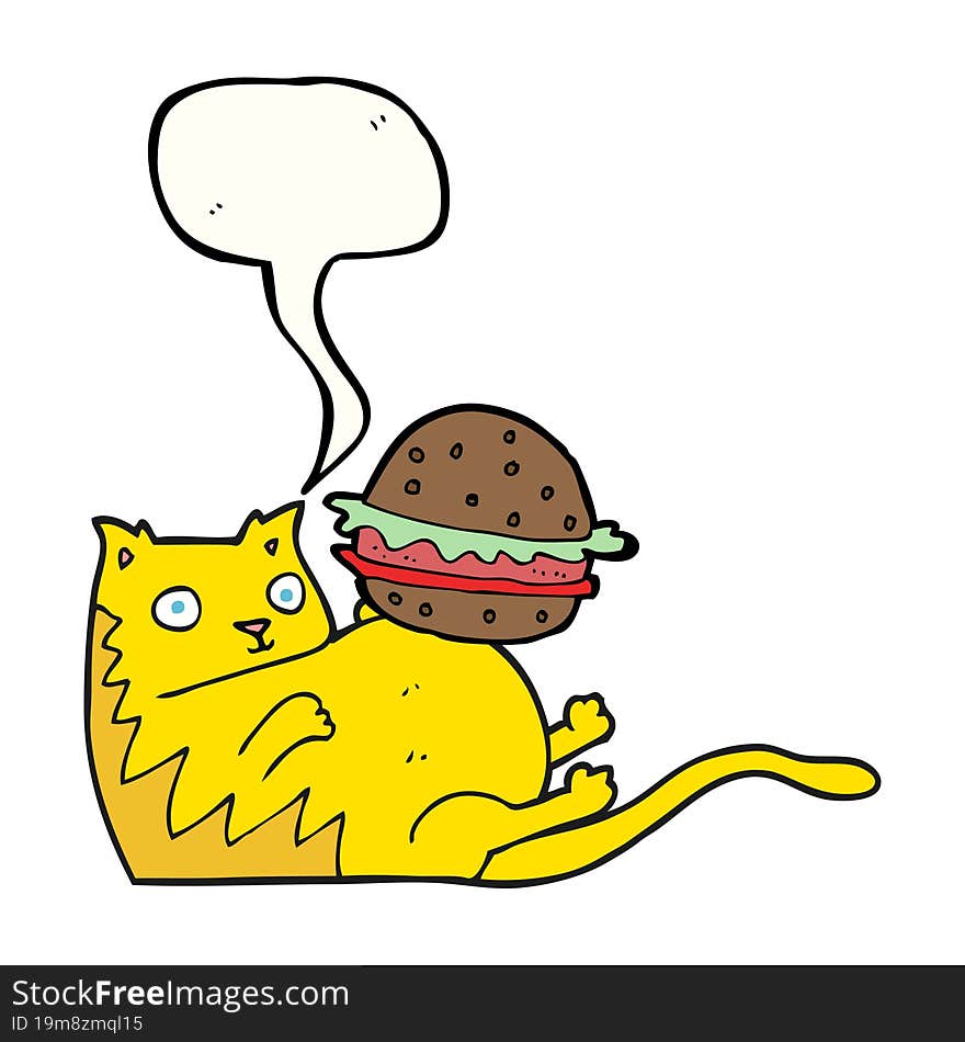 freehand drawn speech bubble cartoon fat cat with burger