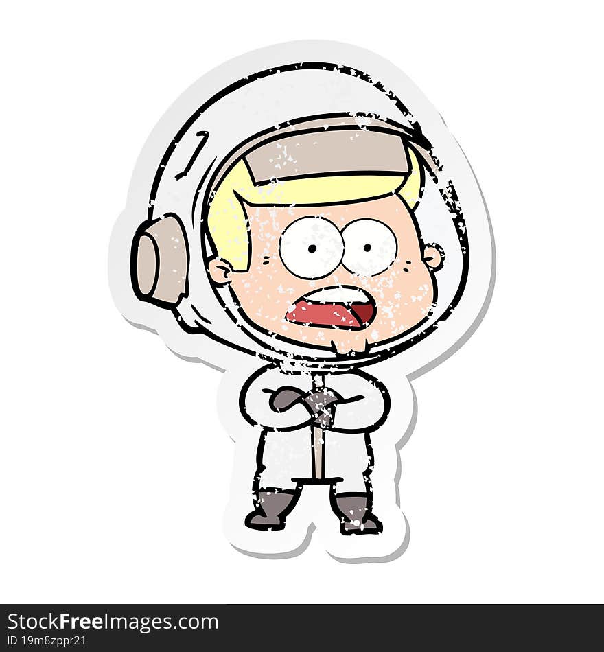 distressed sticker of a cartoon surprised astronaut