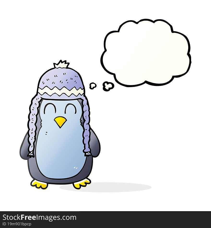 thought bubble cartoon penguin wearing hat