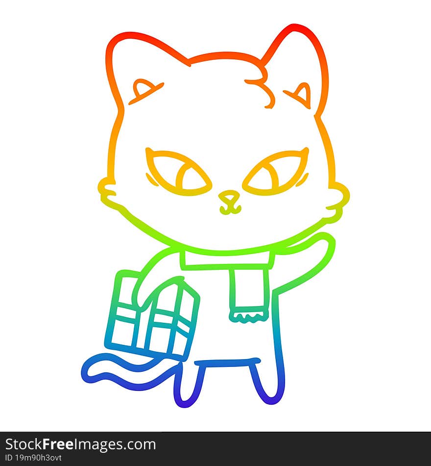 rainbow gradient line drawing of a cute cartoon cat