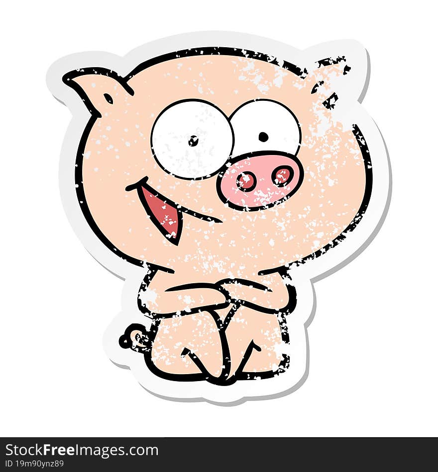 distressed sticker of a cheerful sitting pig cartoon