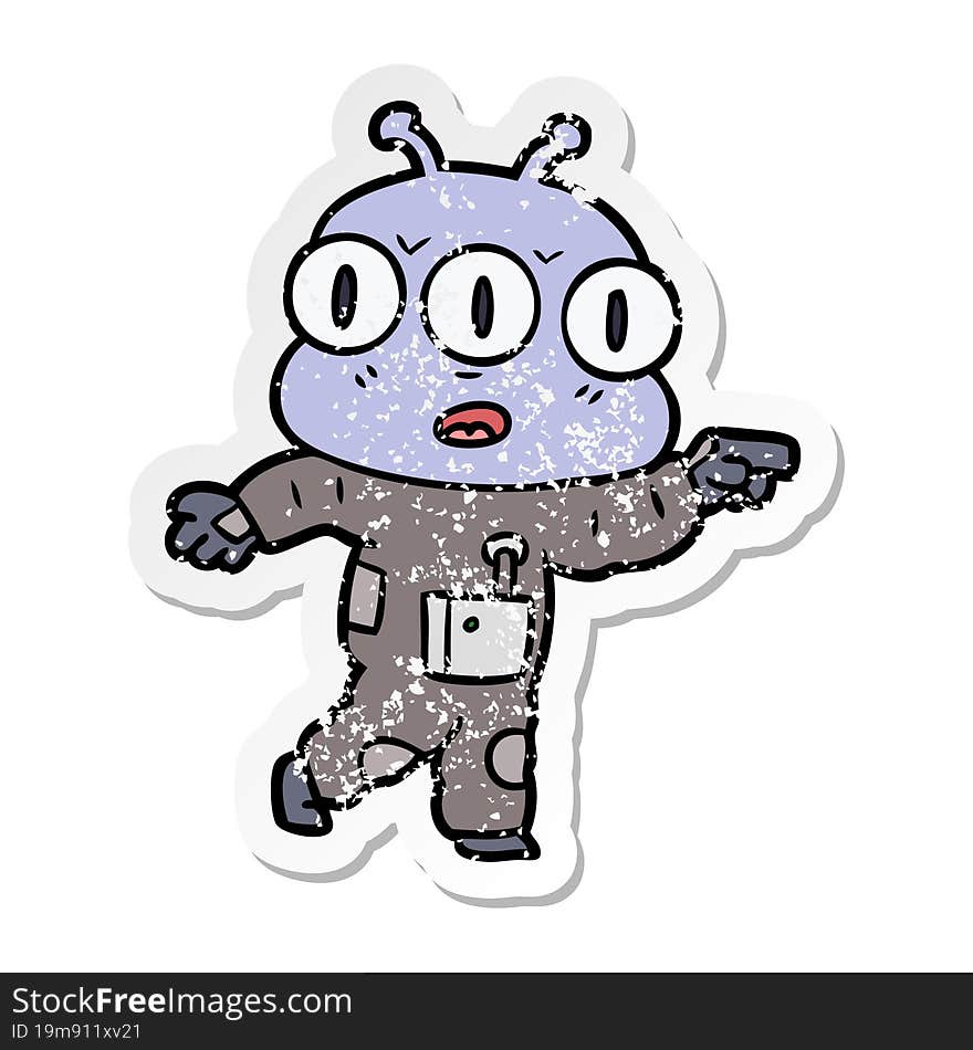 distressed sticker of a cartoon three eyed alien pointing