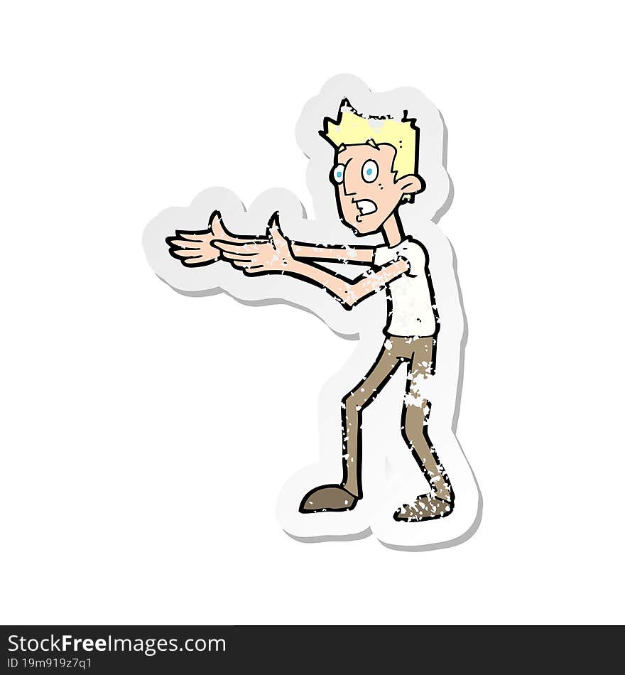 retro distressed sticker of a cartoon man desperately explaining