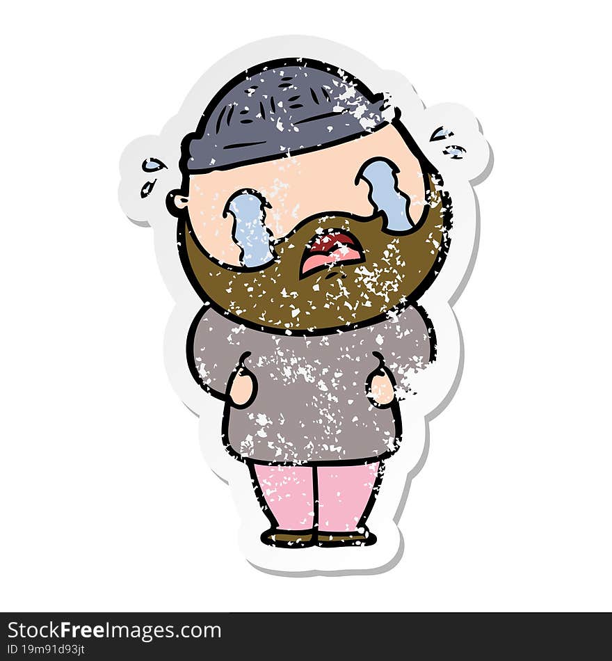 distressed sticker of a cartoon bearded man crying