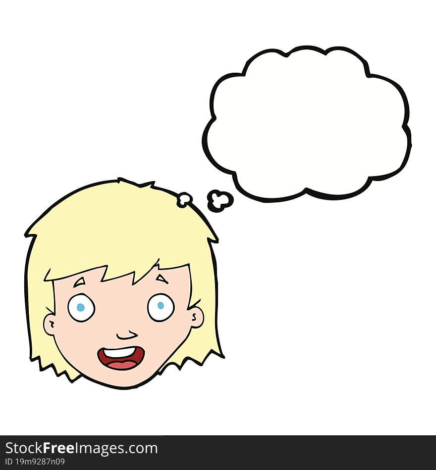 cartoon happy female face with thought bubble