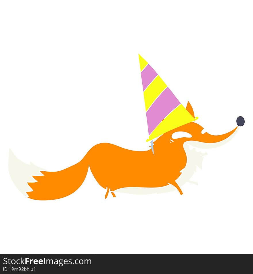 cute flat color style cartoon sly fox in party hat