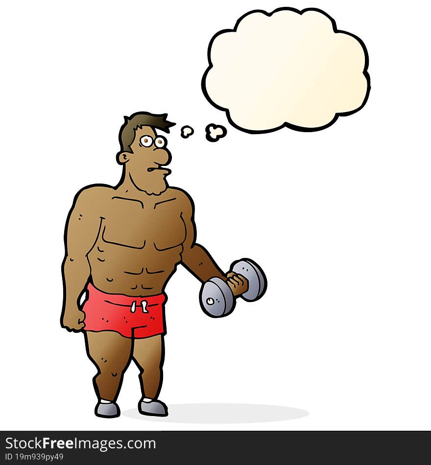 cartoon man lifting weights with thought bubble