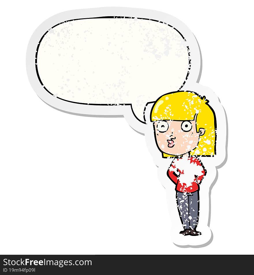 cartoon woman staring and speech bubble distressed sticker