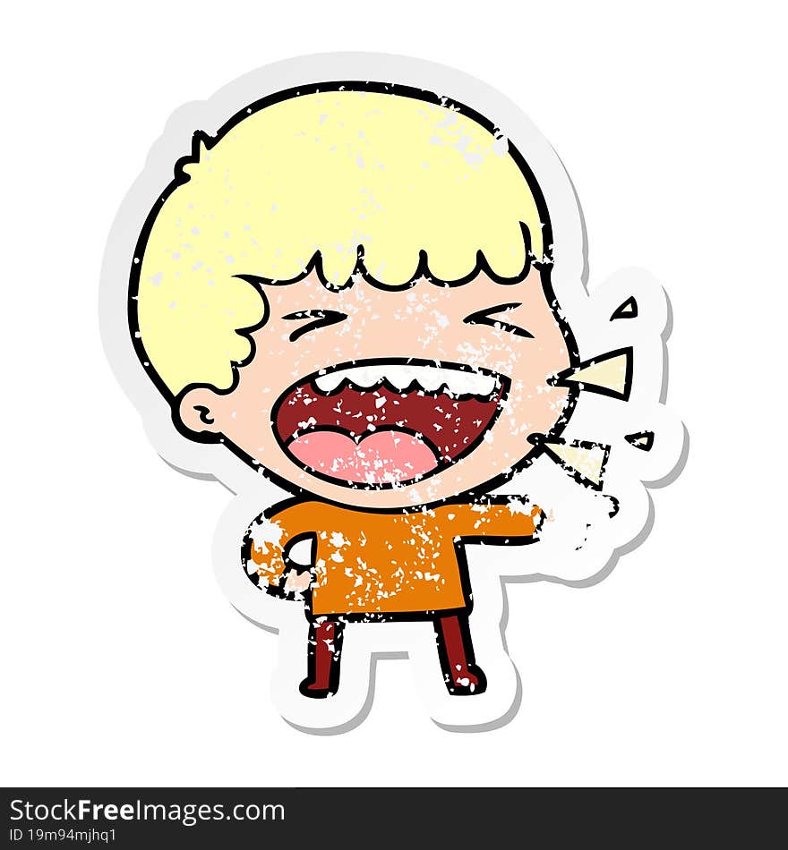 distressed sticker of a cartoon laughing man