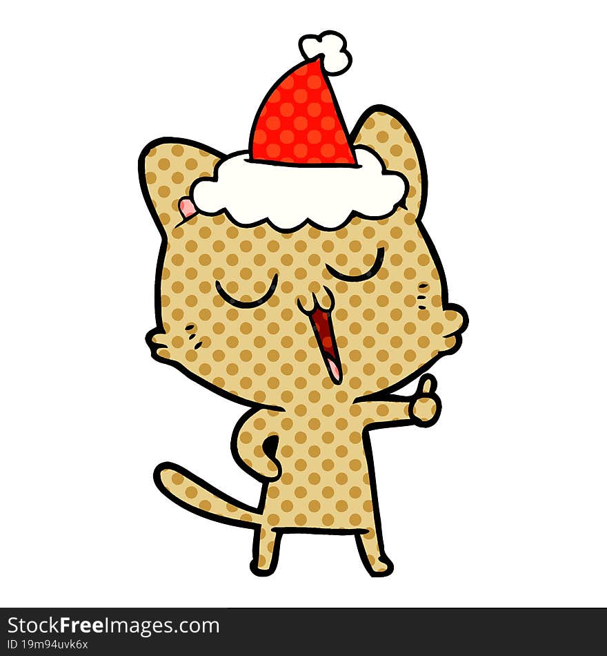 comic book style illustration of a cat singing wearing santa hat