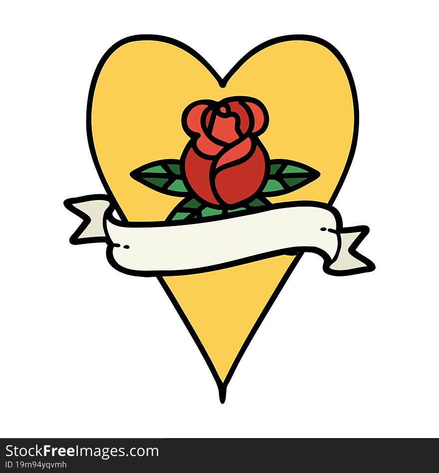 tattoo in traditional style of a heart rose and banner. tattoo in traditional style of a heart rose and banner