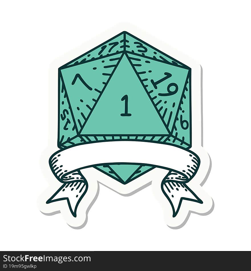 sticker of a natural one d20 dice roll. sticker of a natural one d20 dice roll