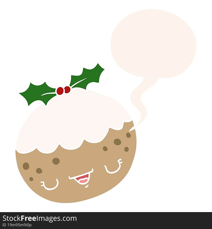 cute cartoon christmas pudding and speech bubble in retro style