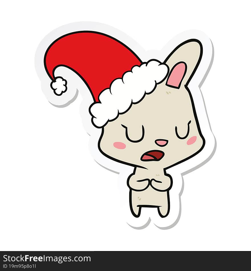 Sticker Of A Cartoon Rabbit Wearing Christmas Hat