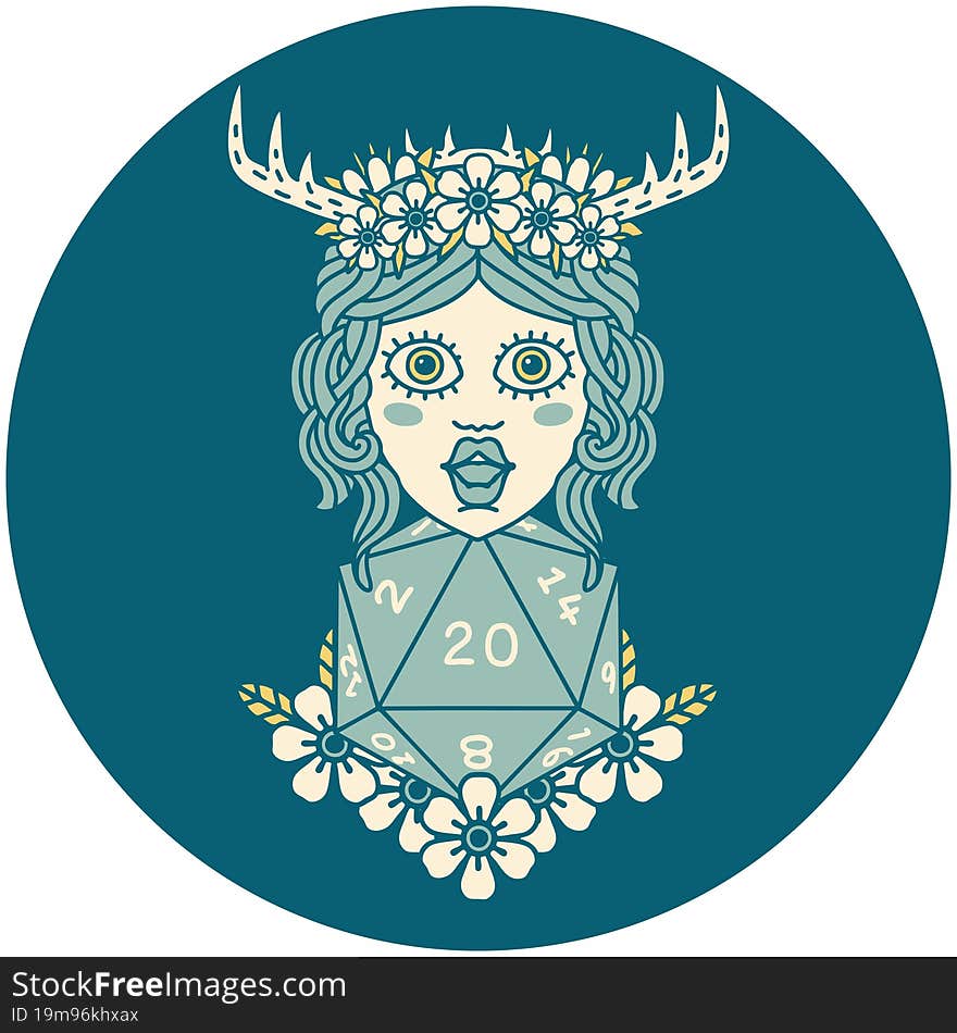 Human Druid With Natural Twenty Dice Roll Illustration