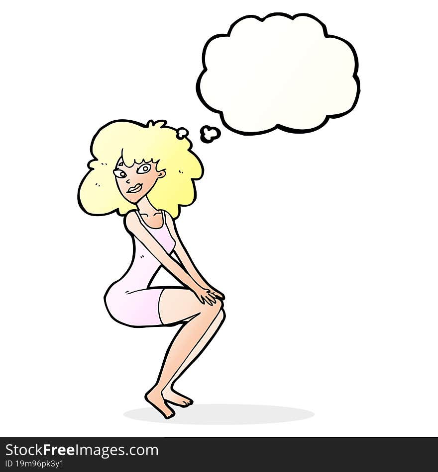 cartoon sitting woman in dress with thought bubble