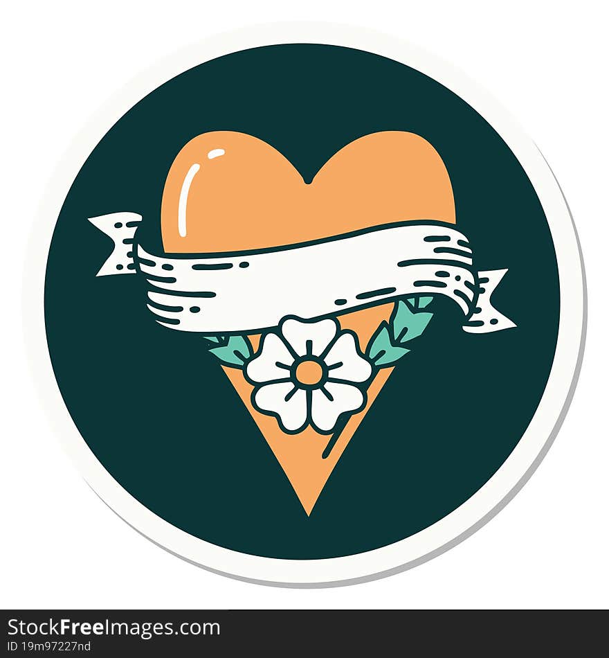 Tattoo Style Sticker Of A Heart Flower And Banner