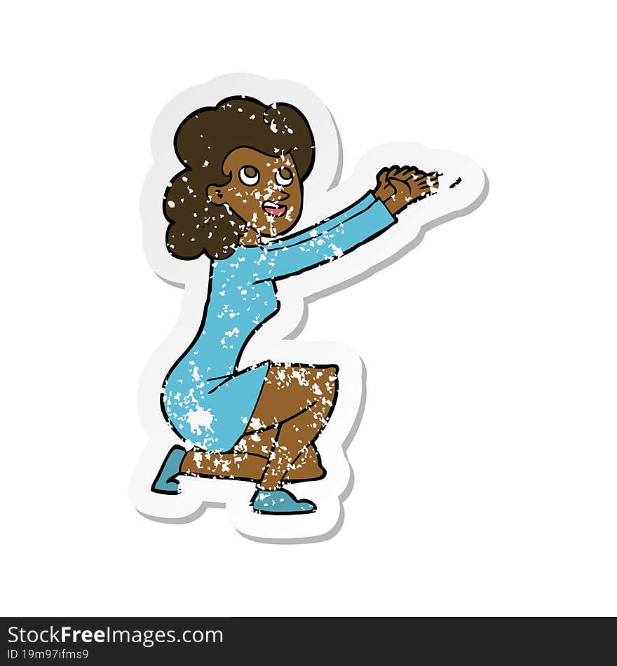 retro distressed sticker of a cartoon woman presentation gesture