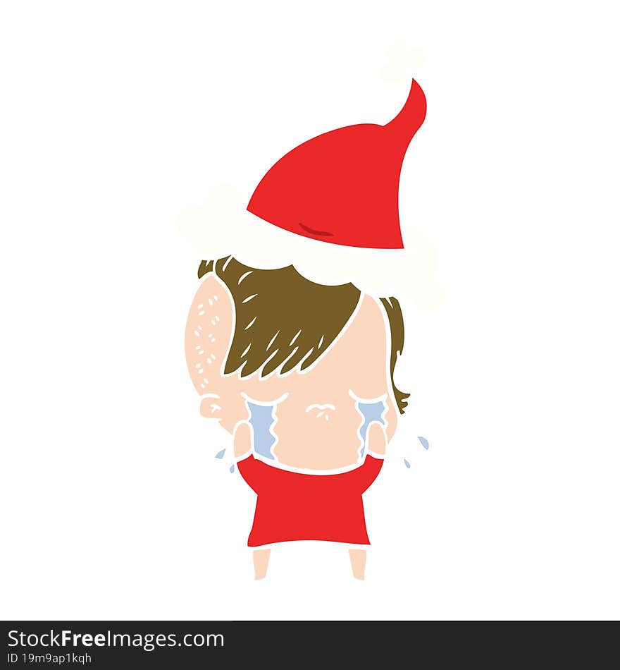 flat color illustration of a crying girl wearing santa hat